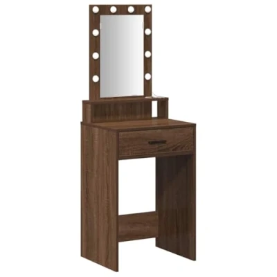 Image of vidaXL Brown Oak Vanity Table with Mirror and Lights, Bedroom Makeup Furniture, Wood 50x41x140 cm, Versatile Grooming Station