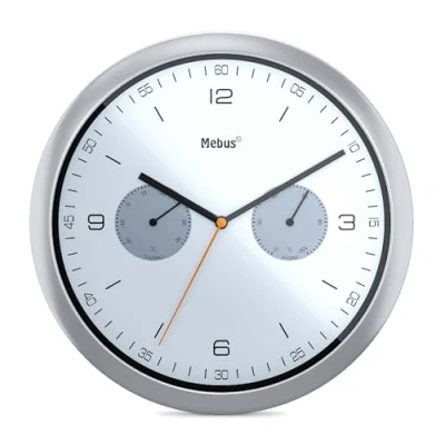 Image of Mebus Quartz Wall Clock with Thermometer and Hygrometer, Silver, 26 cm Durchmesser