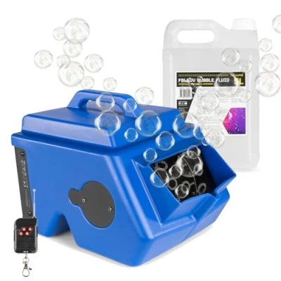 Image of BeamZ B1500 Electric Bubble Blower Machine with Dual Fan, Wireless Remote Control and 5L UV Fluid for Kids Garden Parties 2 Litre Tank, Blue