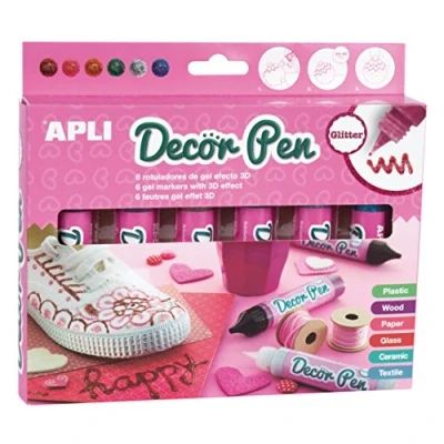 Image of APLI 3D Decorpen Marker Pens, Glitter Finish, 6 Units