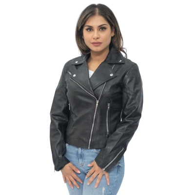 Image of Ladies Womens Black Real Leather Fitted Vintage Biker Style Zip Fashion Jacket XL