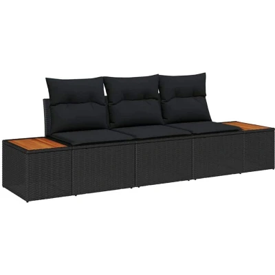 Image of vidaXL 3 Piece Garden Sofa Set with Cushions Black Poly Rattan Acacia