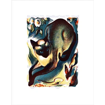 Image of Wee Blue Coo Paintings Animal Cat Butterfly Siamese Black Framed Art Print Picture B12X9759