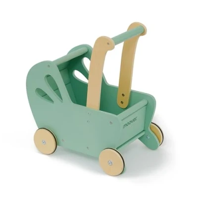 Image of Moover Essential Dolls Pram for Toddlers, Assembly Required, Designed in Denmark from MDF, Push Along Toy, 18 Months +, 44 x 41 24 cm, Green and Natural Wood