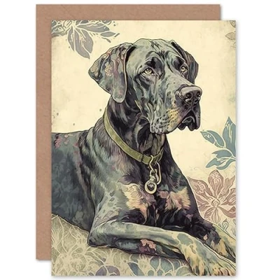 Image of Artery8 Great Dane Dog with Floral Pattern Modern Linocut Illustration Art Birthday Sealed Greeting Card Plus Envelope Blank inside