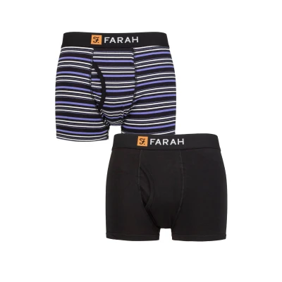 Image of Mens 2 Pack Farah Plain and Striped Cotton Classic Keyhole Trunks Black / Purple XXL