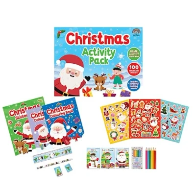 Image of Anila&#039;s Christmas Activity Pack with Colouring Books, Sticker book, Stationery Set, Pencils &amp; 100 Reusable Stickers.(Perfect for children aged 3 8).