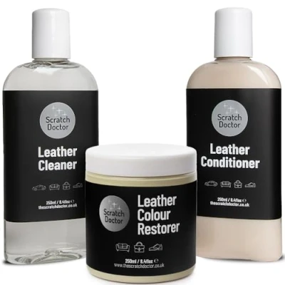 Image of Scratch Doctor Leather Cleaner, Colour Restorer &amp; Protection Conditioner Kit Clean, Recolour Protect Sofas Chairs Bags Shoes (Cream, 250ml)
