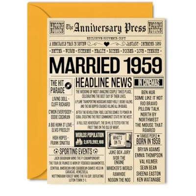 Image of 65th Anniversary Cards for Men Women Married 1959 Newspaper Happy 65 Wedding Card Husband Wife Grandma Grandad Nan Vintage Retro 1959, 5x7 Inch Greeting