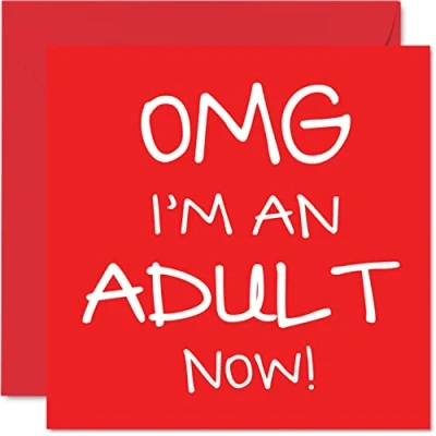Image of Funny 18th Birthday Card for Boys Him OMG I&#039;m an Adult Now Teenager Eighteen Eighteenth Happy Brother Sister Son Daughter Cousin, 145mm x Humour Joke Red Greeting Cards