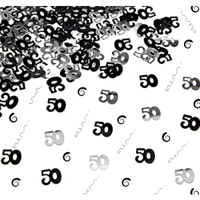 Image of SHATCHI 28g Black &amp; Silver 50th Birthday Confetti Foil Metallic Glitz Table Scatter Sprinkles Age Bday Party Decorations, 12mm