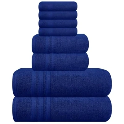 Image of WovenWonder 8 Piece Bale Towel Set 100% Egyptian Cotton 2 Bath Towels, Hand 4 Face Towels Super Soft Quick Absorbent Hotel Spa Bathroom (Blue)