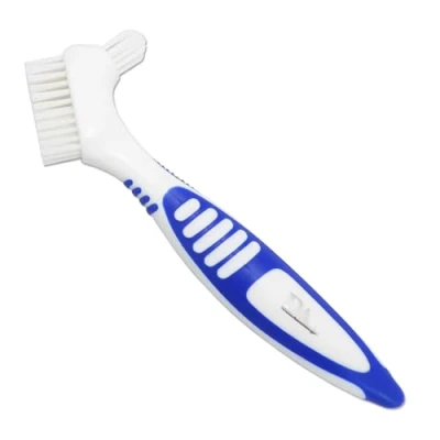 Image of Denture Brush Rubber Grips, Easy Hold Handle, Double Bristle Head (Blue, One Size)