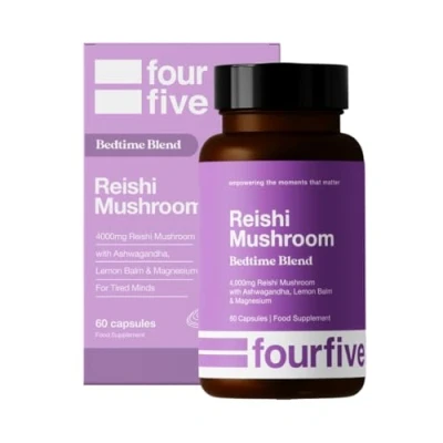 Image of fourfive Reishi Mushroom Supplement (4000mg) Bedtime Blend with Ashwagandha &amp; Magnesium, Calm Busy Minds Reduce Tiredness and Fatigue 60 Capsules