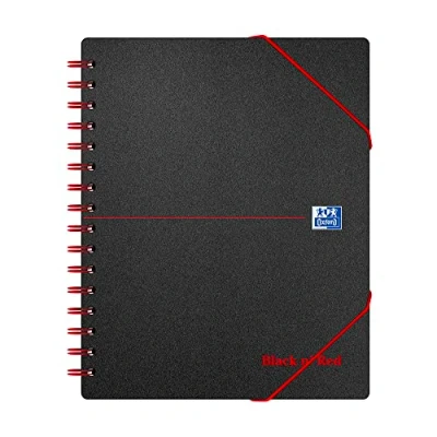 Image of Oxford Black n&#039; Red Frame Ruled with Margin Wirebound Poly Meeting A5+ Notebook Elasticated Wallet and 3 Flap Folder, 2 Hole Punched, 160 Perforated Pages