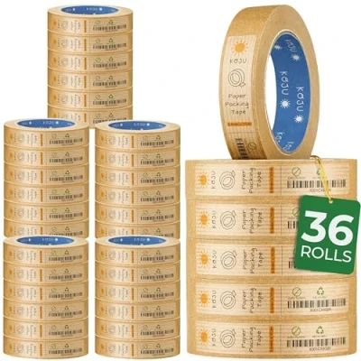 Image of Koju Kraft Paper Packing Tape 24mm x 50m 1/3/6 packs Eco Friendly &amp; Recyclable Brown for Packaging Parcels Strong, Heavy Duty Parcel (36)