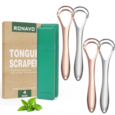 Image of RONAVO Tongue Scraper for Adults (4 PC), New 2023 Tounge Dual Scraping Head with Travel Cases, Stainless Steel Cleaner Fresh Breath, Oral Care, 2 Colors