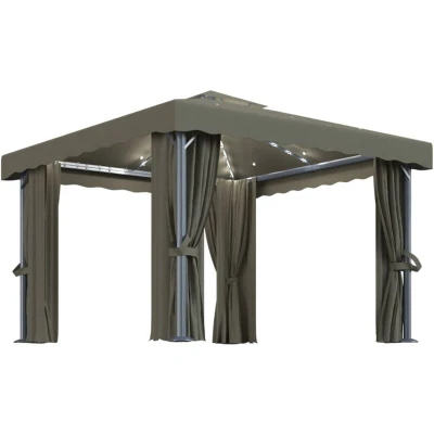 Image of vidaXL Gazebo with Curtain&amp;LED String Lights 3x3 m Taupe