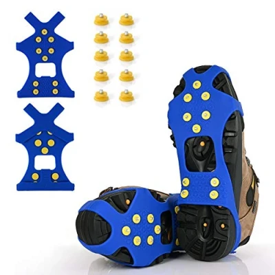 Image of Ice Cleats, Grips Traction Cleats Grippers Non Slip Over Shoe/Boot Rubber Spikes Crampons with 10 Steel Studs + Extra Replacement Studs(Large, Blue)