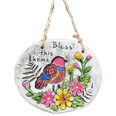 Image of Darthome Cement Hanging Plaque Bless This Home Pink Bird Floral Garden Wall Decor Sign 20cm