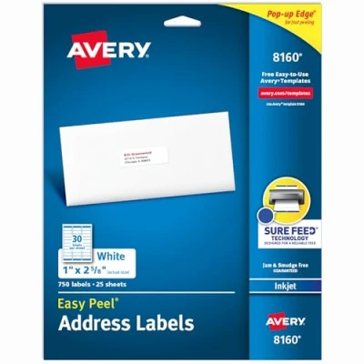 Image of Avery Easy Peel 08160 Inkjet Address Labels White 1&quot; x 2 5/8&quot; (750 Labels)