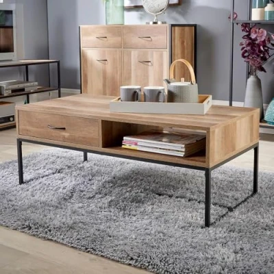 Image of Home Source Modern Coffee Table, 1 Drawer, Shelf Storage, Particle Board, Oak Effect