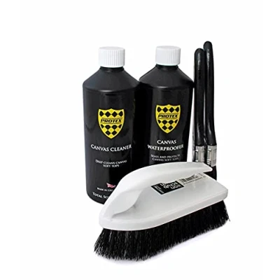 Image of PROTEX Convertible Soft Top Care Kit with Canvas Cleaner &amp; Waterproofer 500ml, Two Applicator Brushes and One Cleaning BRUSH KIT.