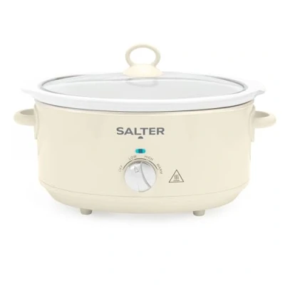 Image of Salter Retro 6.5L Slow Cooker 3 Heat Settings &amp; Keep Warm, Dishwasher Safe Ceramic Pot, Tempered Glass Lid, Cool Touch Handles, Family Cooking, Stews, Casseroles, Curries, Cream, 200W, EK6250CRM