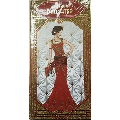 Image of Art Deco Daughter Glittered Slim Christmas Card with Gem Detail