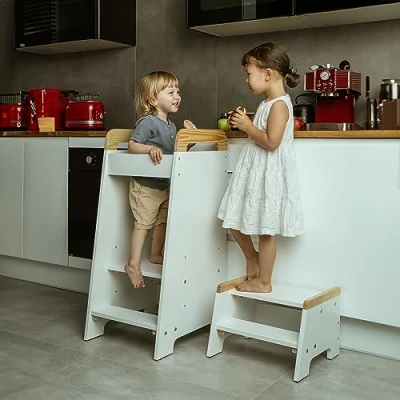 Image of Love for Sleep Montessori Learning Tower &amp; Toddler Step Stool Bundle Kitchen Helper Stand with Three Adjustable Heights Wooden 2 Kids to Reach The Toilet and Sink (White/Pine)