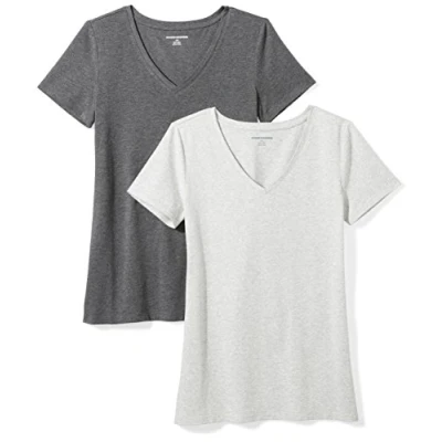 Image of Amazon Essentials Women&#039;s Classic Fit Short Sleeve V Neck T Shirt, Pack of 2, Charcoal Heather/Light Grey Heather, M