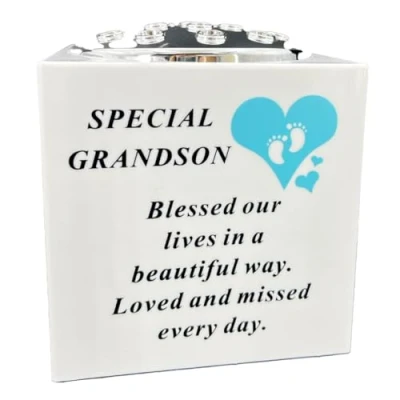 Image of Special Grandson Blue Little Boy Baby Memorial Graveside Flower Vase Container White and Silver