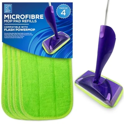 Image of Reusable Microfibre Mop Pads Refills Compatible with Flash Power Mop, Machine Washable Replacement for Multi Surface Wet Dry Floor Cleaning Hardwood Laminate (Pack of 4)