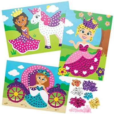Image of Baker Ross AX129 Princess Sequin Kits, Creative Art and Craft Supplies for Kids to Make Decorate (4 Pack), Blue,Orange,Pink,Purple,Silver