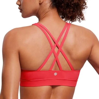 Image of CRZ Yoga Women&#039;s Strappy Back Wirefree Padded Workout Sports Bra Crimson M