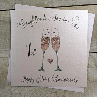 Image of Daughter and Son in Law Happy First Wedding Anniversary Card 1st Champagne Glasses by White Cotton Cards SS260