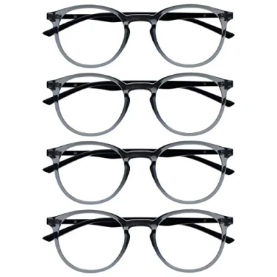 Image of OPULIZE Met 4 Pack Grey Black Reading Glasses Large Round Mens Womens Spring Hinges RRRR60 7 +0.00