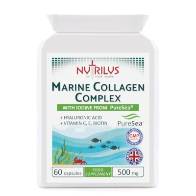 Image of Marine Collagen Complex 60 Capsules 500mg with PureSea Seaweed Providing Iodine Hyaluronic Acid Vitamins Skin &amp; Hair Nails Bones Joints