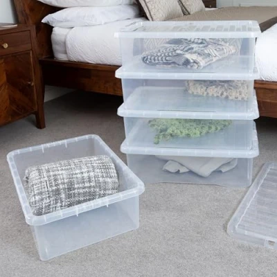 Image of Wham Crystal 5x 32L Plastic Storage Boxes with Lids. Medium Size, Under Bed Storage, Strong, Stackable, Nestable (Pack of 5, 32 Litre). Made in the UK (Clear)
