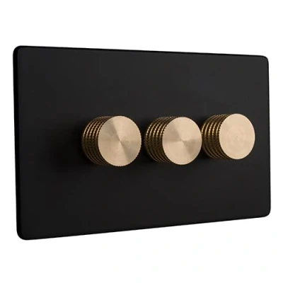Image of Dowsing &amp; Reynolds Triple LED Dimmer Light Switch 3 gang 2 way 5 150W Matt Black with Brass Knobs