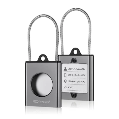 Image of PROfezzion AirTag Holder for Travel, Case with Wire Cable, Key Rings &amp; Name Tags/Labels, Hard Shell in Aluminum Alloy, Suitcase, Backpacks, Luggage, Bag, Car Keys (Gray)