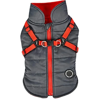 Image of Puppia Dog Coats for Small and Medium Dogs Waterproof Coat with Harness Lined fleece pleasant warmth, Grey, S