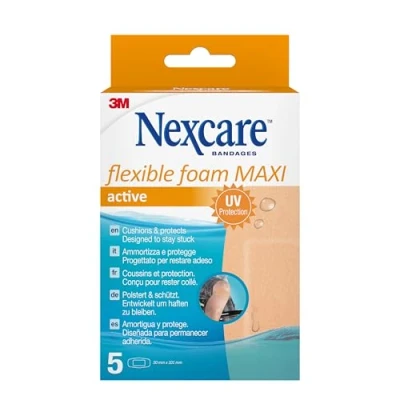 Image of Nexcare Active Flexible Foam MAXI Plasters, 50 mm x 101 mm, 5 Plasters per Pack, Breathable and Waterproof for Minor Wounds, Scratches, First Aid Kits