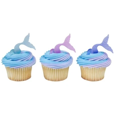 Image of DECOPAC Mermaid Tail Wrap Cupcake Rings, Cake Toppers, Multicolored Food Safe Decorations For Parties 24 Pack