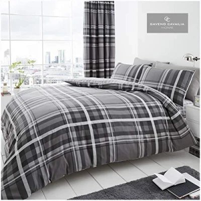 Image of Gaveno Cavailia Luxurious NEWTON TARTAN CHECK Bed Set with Duvet Cover and Pillow Case, Polyester Cotton, Grey, Super King, 11134718