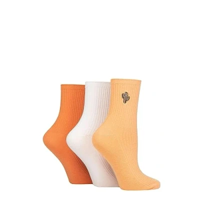 Image of Women&#039;s 3 Pair SOCKSHOP Wildfeet Embroidered Ribbed Socks Orange Cactus 4 8