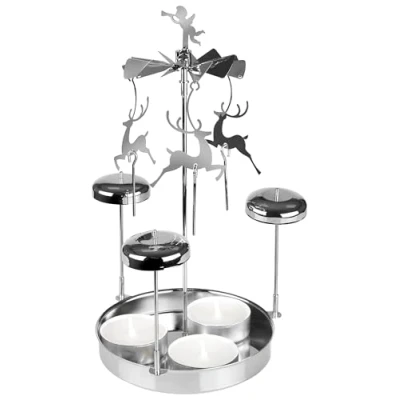 Image of BRUBAKER Metal Chimes Carousel Candle Holder with Reindeer incl. 3 Tealights Rotating Table Pyramid Tealight for Christmas Decoration Silver