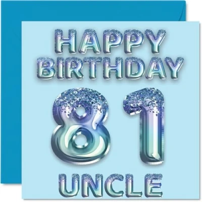 Image of 81st Birthday Card for Uncle Blue Glitter Party Balloons Happy Cards 81 Year Old from Nephew Niece, 145mm x Bday Greeting Gift