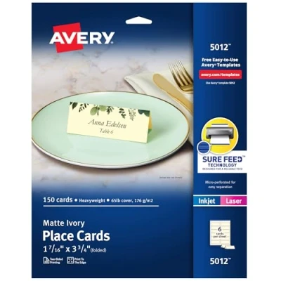 Image of Avery Ivory Place Cards, Laser/Inkjet Printers, 1 7/16&quot;x3 3/4&quot;, Pack of 150 (5012)