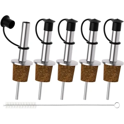 Image of Incutex 5x Bottle Pourers and 1x Cleaning Brush, Cork Spout with Rubber Cap Closure, Freeflow Drizzler Oil Stopper, Spout, Spirits Wine Liqueur Vinegar Pourer